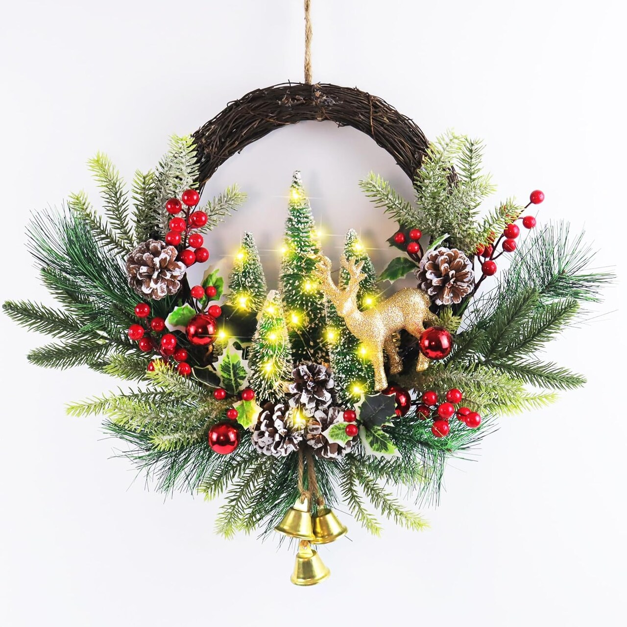 Pre-Lit Christmas Wreath for Front Door (Green/Red/Brown/Gold) 5"D x 21"W x 18"H